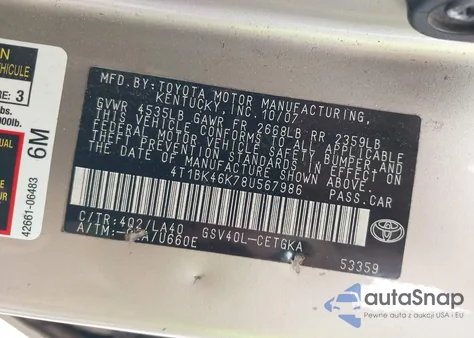 2008 Toyota Camry Xle V6 z USA, uszkodzony, nr VIN 4T1BK46K78U567986